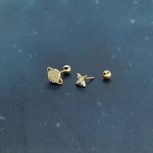 Barbell Star Asymmetrical Rhinestone Sterling Silver Earring