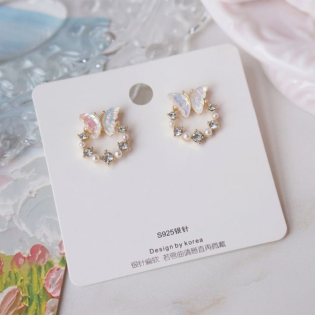 Butterfly Pearl Earring Rhinestone Faux Alloy Stud