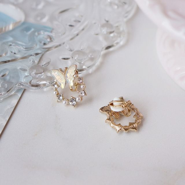 Butterfly Pearl Earring Rhinestone Faux Alloy Stud