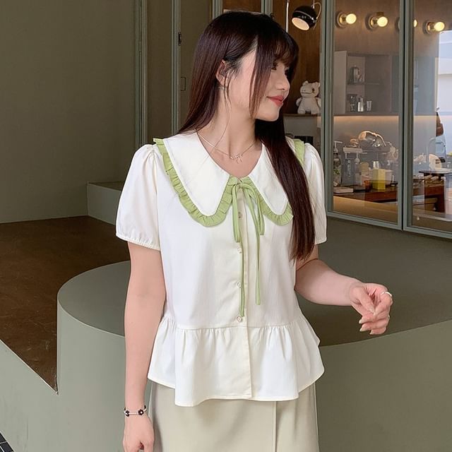 Short-Sleeve Collared Contrast Trim Blouse