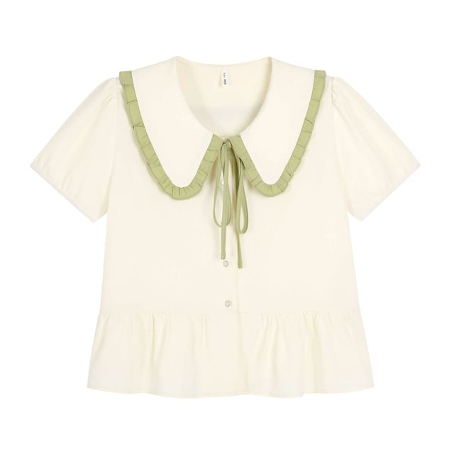Short-Sleeve Collared Contrast Trim Blouse
