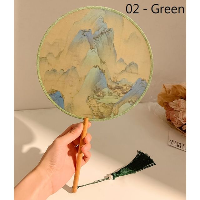 Tassel Embroidered Hand Print Fan /