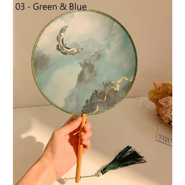 Tassel Embroidered Hand Print Fan /