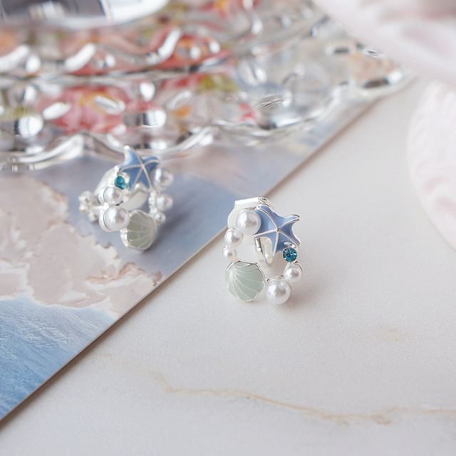 Shell Alloy Stud Earring Faux Starfish Pearl