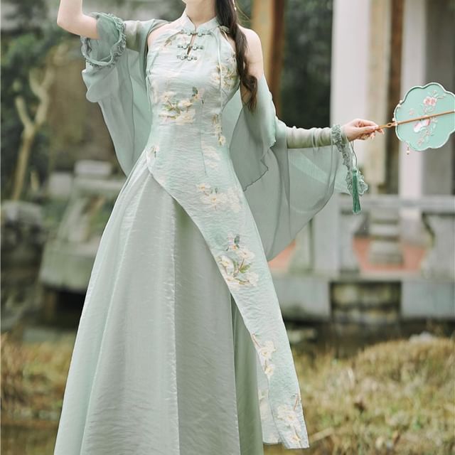 Sleeveless Halter Floral Asymmetrical Midi A-Line Qipao / Plain Light Jacket / Set