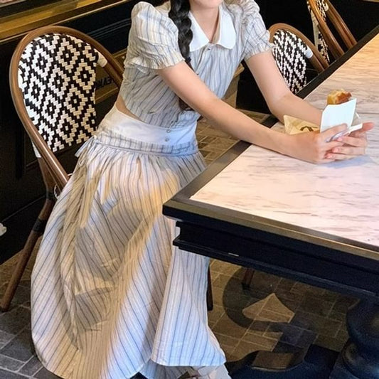 Puff Sleeve Contrast Collar Striped Blouse / High Rise Midi A-Line Skirt / Set