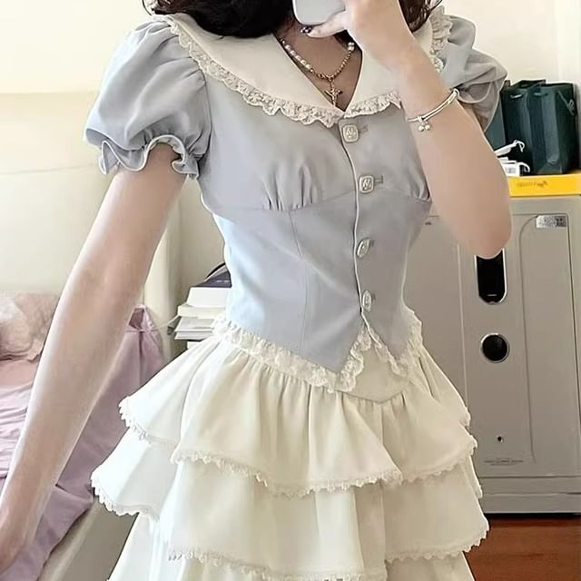 Puff Sleeve Contrast Collar Lace Trim Blouse / High Waist Plain Ruffle Tiered Mini A-Line Skirt / Set