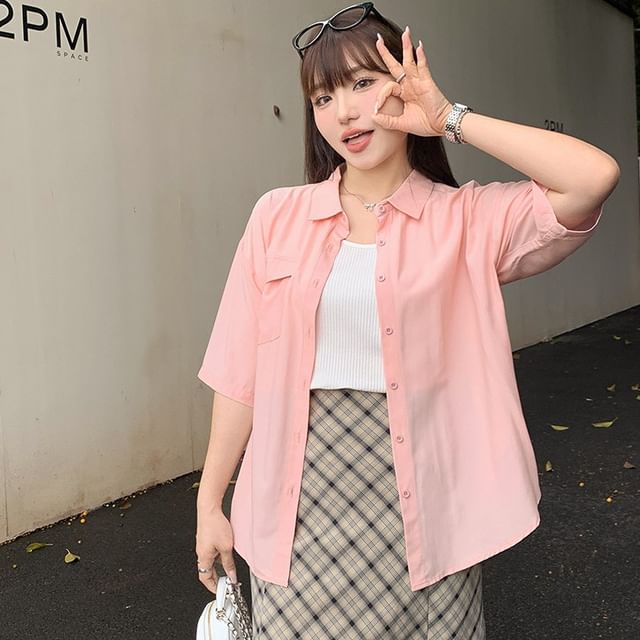 3/4-Sleeve Plain Button-Up Shirt