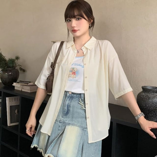 3/4-Sleeve Plain Button-Up Shirt