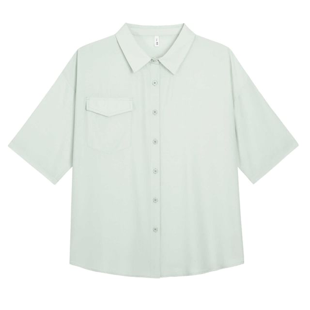 3/4-Sleeve Plain Button-Up Shirt