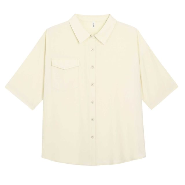 3/4-Sleeve Plain Button-Up Shirt