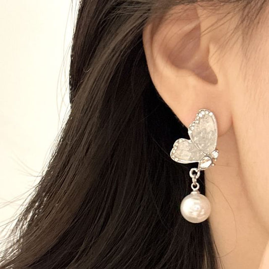 Floral Alloy Earring Pearl Drop Faux Butterfly Crystal /