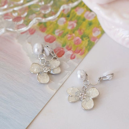 Floral Alloy Earring Pearl Drop Faux Butterfly Crystal /