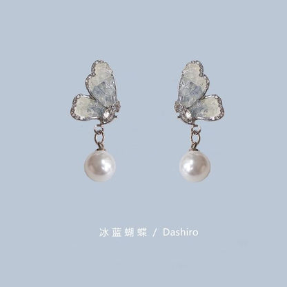 Floral Alloy Earring Pearl Drop Faux Butterfly Crystal /