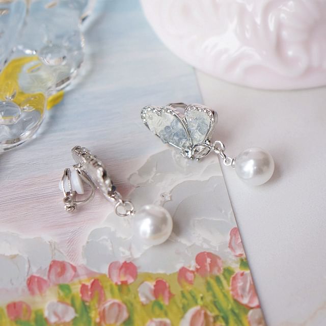 Floral Alloy Earring Pearl Drop Faux Butterfly Crystal /