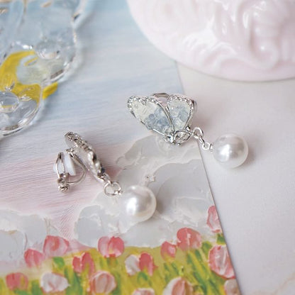Floral Alloy Earring Pearl Drop Faux Butterfly Crystal /