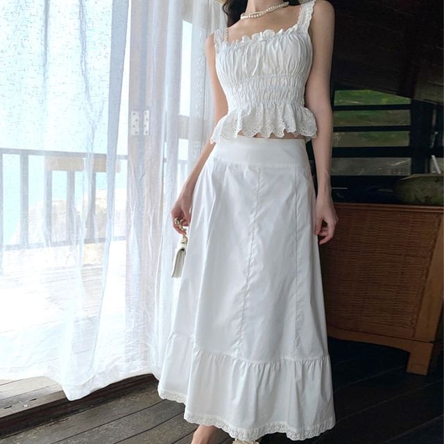 Set: Plain Ruffled Eyelet Lace Camisole Top + High Waist Midi A