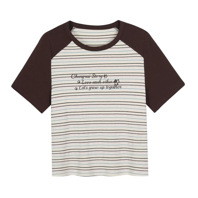 Short-Sleeve Round Neck Striped T-Shirt / High Waist Plain Mini A-Line Skirt