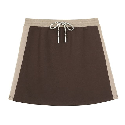 Short-Sleeve Round Neck Striped T-Shirt / High Waist Plain Mini A-Line Skirt