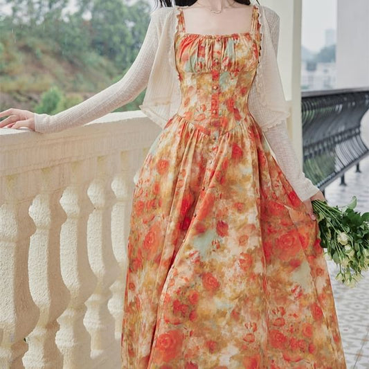Sleeveless Floral Print Maxi A-Line Dress / Light Cardigan / Set