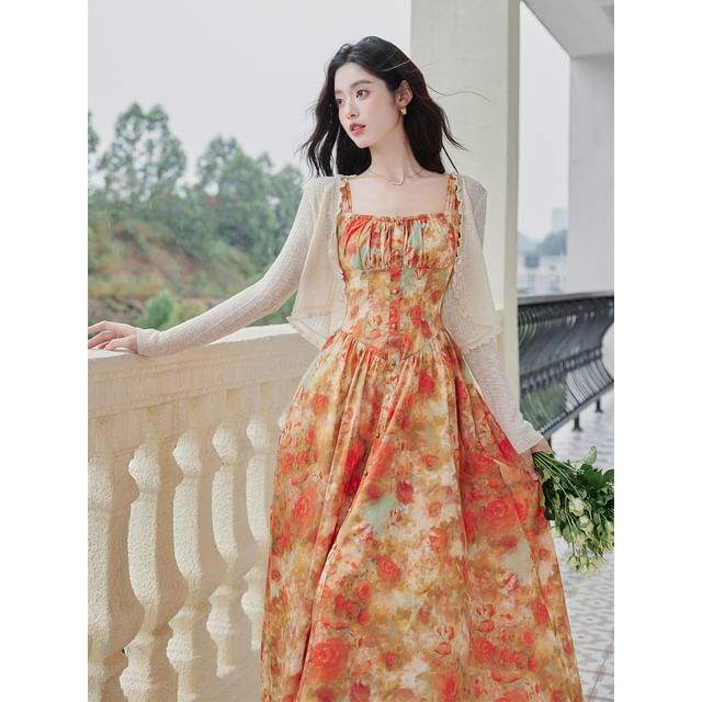 Sleeveless Floral Print Maxi A-Line Dress / Light Cardigan / Set