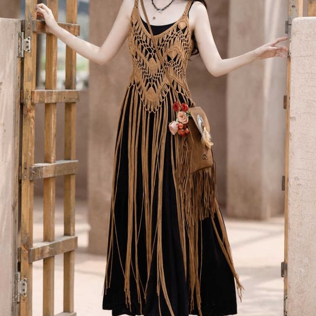 Spaghetti Strap Plain Maxi A-Line Dress / Plain Fringe Knit Long Cami Top / Patterned Shawl / Set