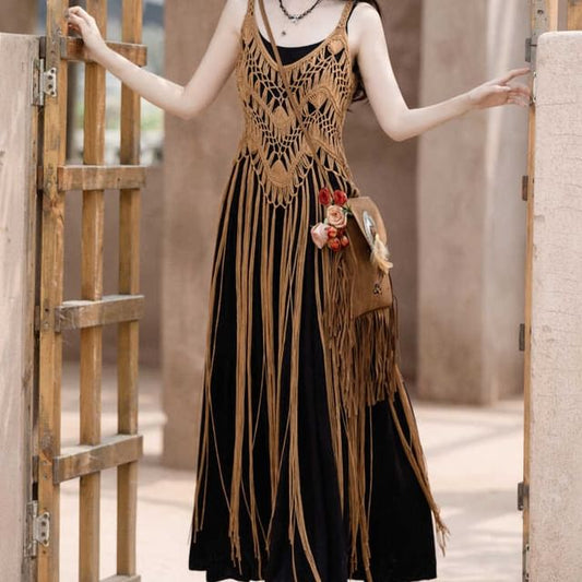 Spaghetti Strap Plain Maxi A-Line Dress / Plain Fringe Knit Long Cami Top / Patterned Shawl / Set