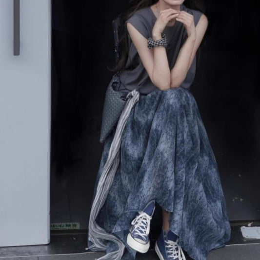 Cap-Sleeve Crew Neck Plain Tee / High Waist Tie Dye Maxi A-Line Skirt / Belt / Set