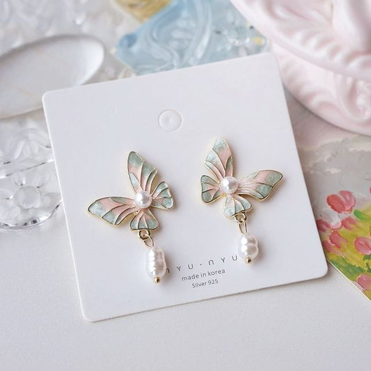 Butterfly Enamel On Earring Clip Faux Drop / Pearl