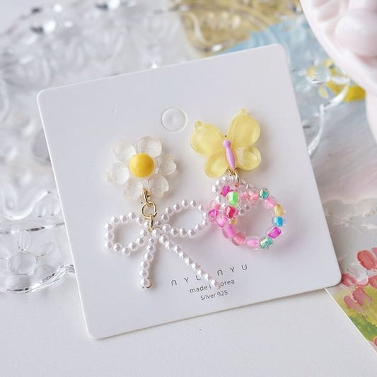 Earring Asymmetrical Flower Drop On / Clip Beaded