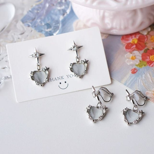 Clip Rhinestone On / Earring Heart Drop
