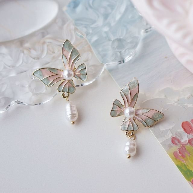 Butterfly Enamel On Earring Clip Faux Drop / Pearl