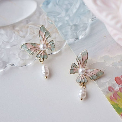 Butterfly Enamel On Earring Clip Faux Drop / Pearl