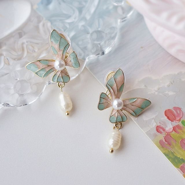 Butterfly Enamel On Earring Clip Faux Drop / Pearl
