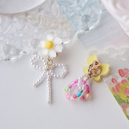 Earring Asymmetrical Flower Drop On / Clip Beaded