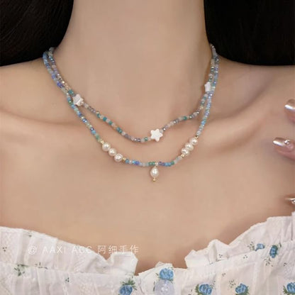 Star Faux Beaded Necklace / Pearl