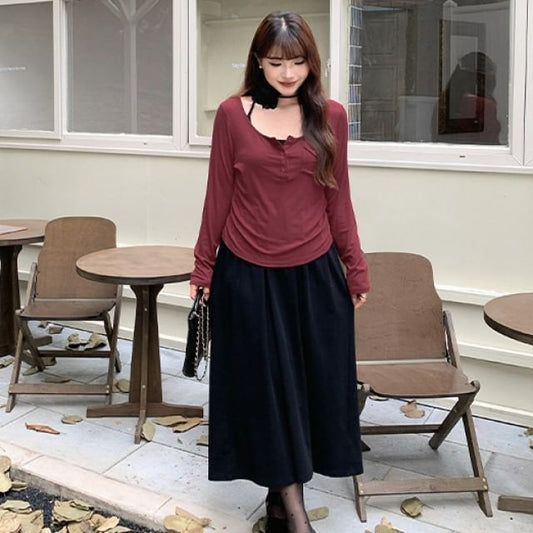Long-Sleeve Henley Plain T-Shirt / Halter Plain Midi A-Line Dress