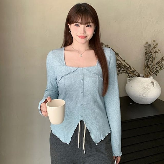 Long-Sleeve Square Neck Plain Panel Button Top