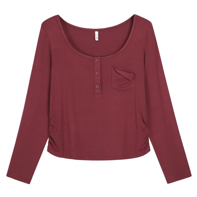 Long-Sleeve Henley Plain T-Shirt / Halter Plain Midi A-Line Dress