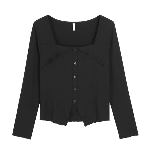 Long-Sleeve Square Neck Plain Panel Button Top