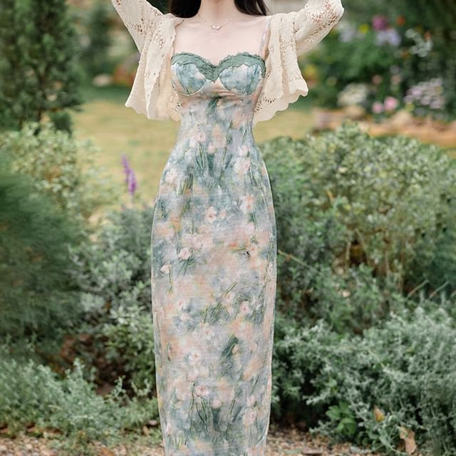 Spaghetti Strap Floral Print Bodycon Midi Dress / Crop Cardigan / Set