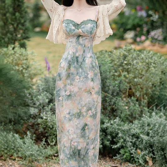 Spaghetti Strap Floral Print Bodycon Midi Dress / Crop Cardigan / Set