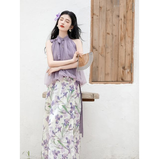 Sleeveless Mock Neck Plain Blouse / High Waist Floral Midi Skirt / Set