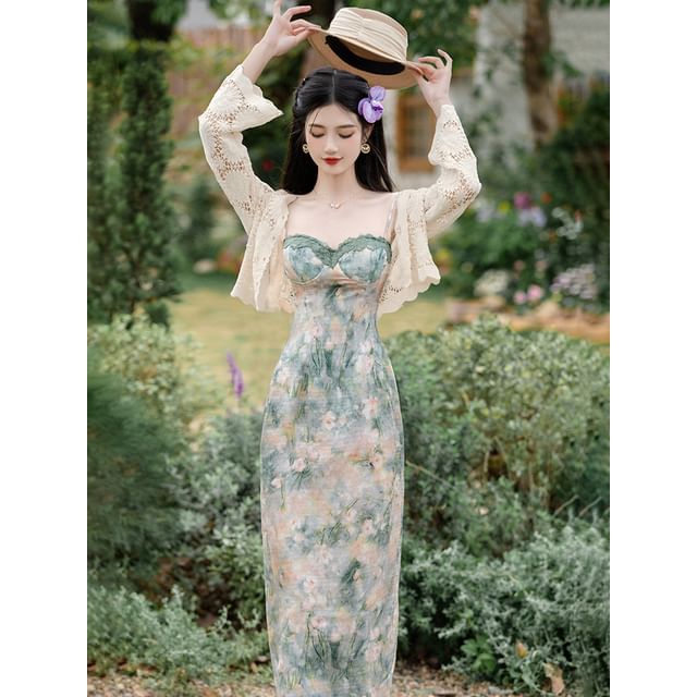 Spaghetti Strap Floral Print Bodycon Midi Dress / Crop Cardigan / Set