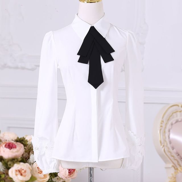 Puff-Sleeve Plain Button-Up Shirt / Plaid Buckled Jumper Shorts / Set