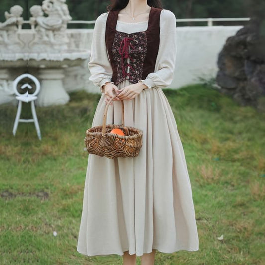 Puff-Sleeve Square Neck Plain Lace Trim Maxi A-Line Dress / Floral Lace-Up Vest / Kerchief / Set