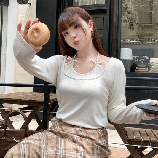 Long-Sleeve Halter Neck Mock Two-Piece Plain Bow Accent T-Shirt