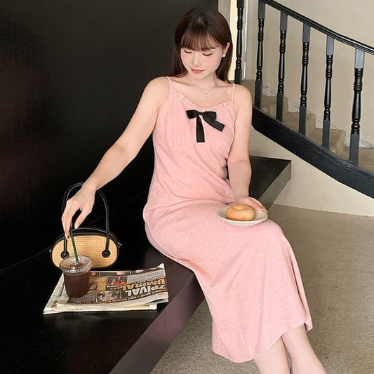 Spaghetti Strap V-Neck Plain Bow Accent Frill Trim Maxi A-Line Dress