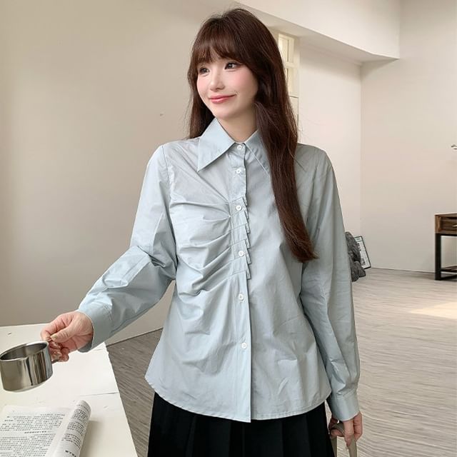 Long-Sleeve Collared Plain Ruched Button-Up Blouse