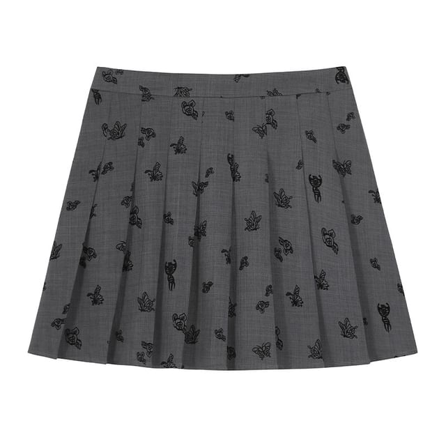 Notch Lapel Butterfly Jacquard Single-Breasted Blazer / High Waist Pleated Mini A-Line Skirt